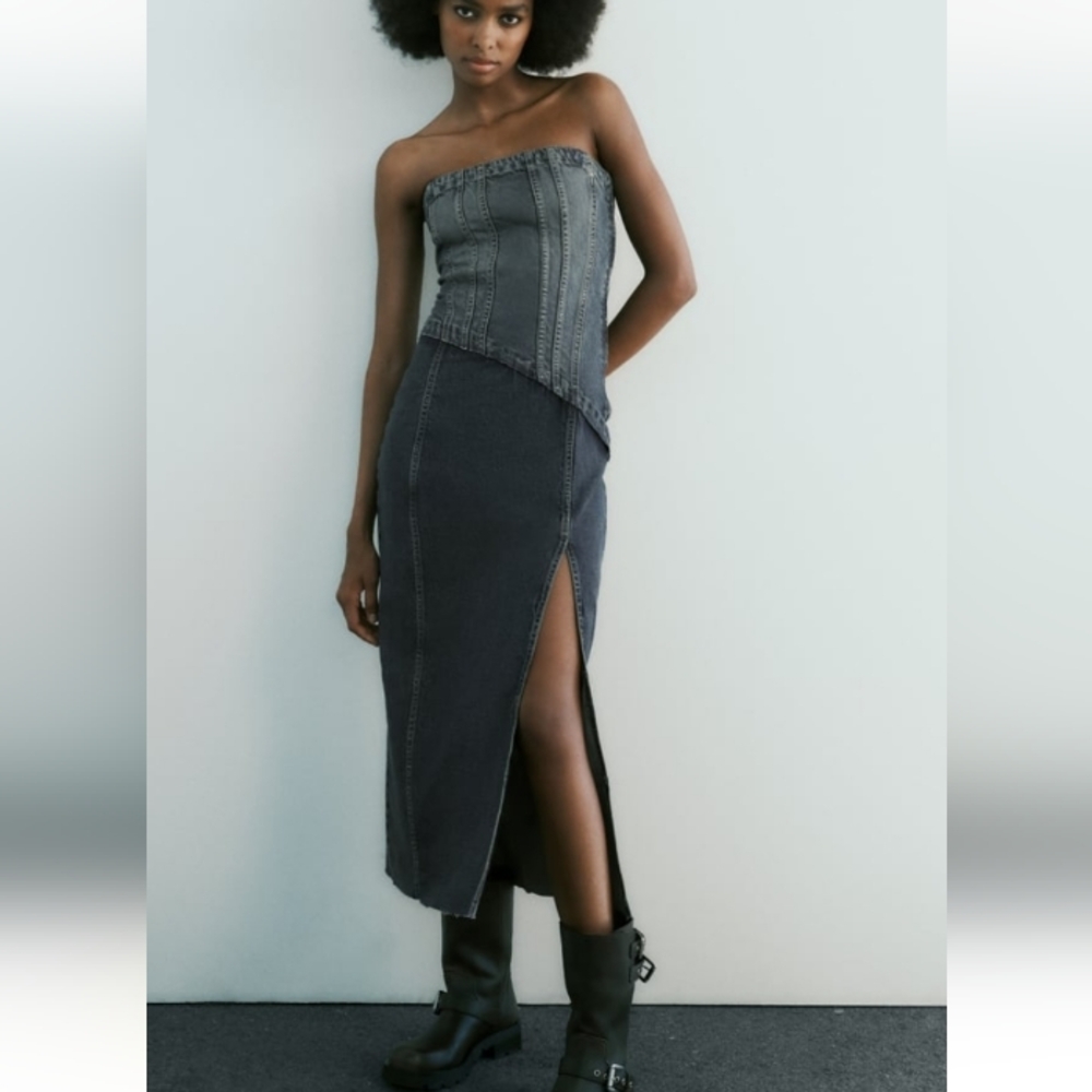 Zara Strapless Dark Gray Denim Midi Dress with Side Slit